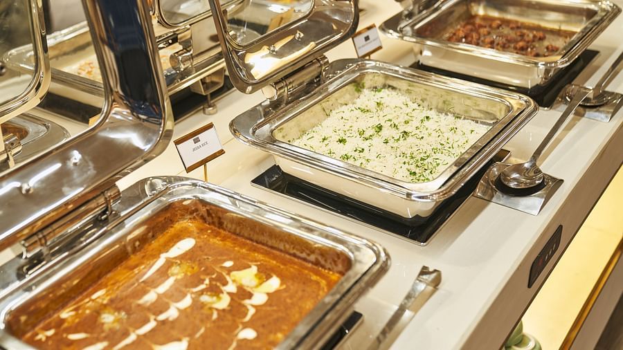 buffet area at Mishri, the restaurant at Triptam Hotel, Vrindavan