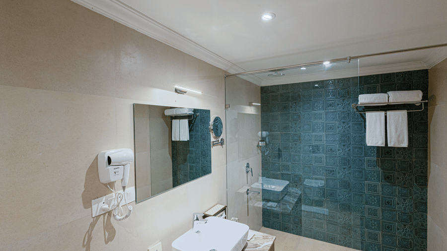 A modern bathroom with a sink, large mirror, toiletries, and a glass-enclosed shower at Bamboo Saa Resort & Spa, Udaipur.