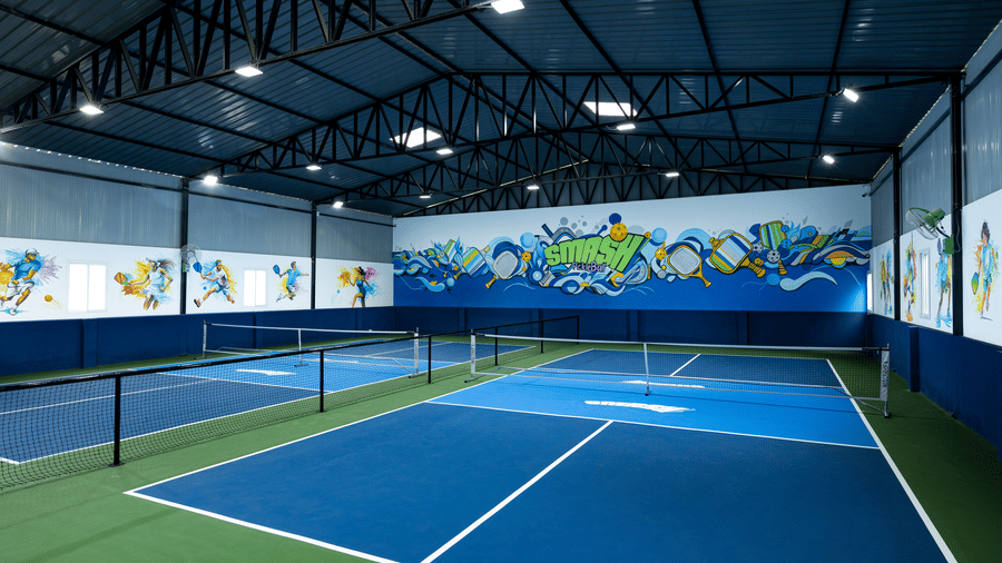 Indoor pickleball courts with blue and green surfaces and vibrant wall art, located at Jenneys Residency, Coimbatore.