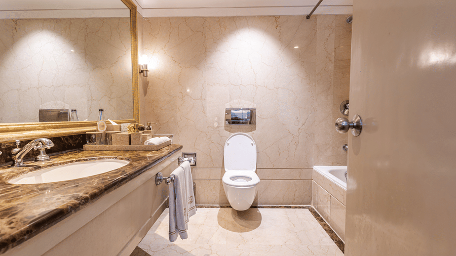 image of a bright and spacious bathroom featuring a commode at our boutique rooms - The Claridges New Delhi