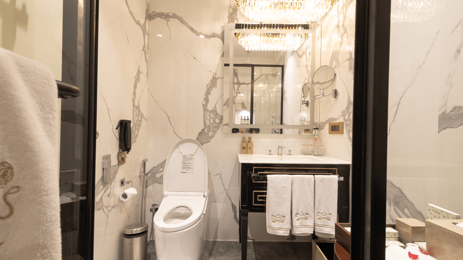 image of the a compact yet elegant bathroom with all the necessary amenities - The Claridges New Delhi