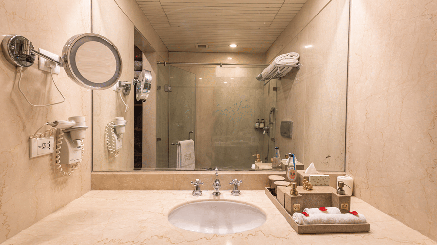 image of the sink and the wide mirror above it in the bathroom of the regent suite - The Claridges New Delhi