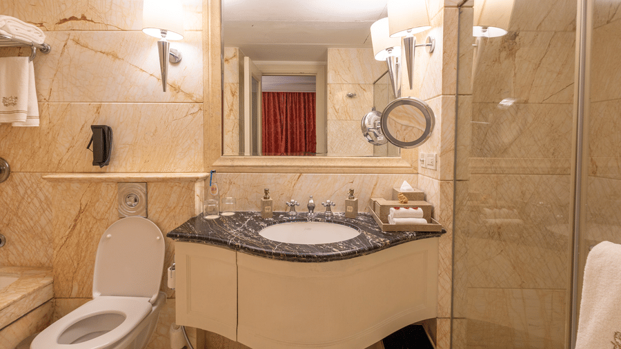 image of the bathroom in the regent suite with a sink and an in built vanity area and a cubical shower - The Claridges New Delhi