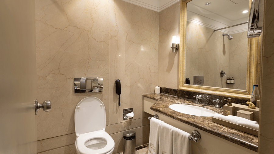 image of the well appointed bathroom with a commode and a sink with a square shaped mirror at the heritage balcony room - image of the heritage balcony room with sleek interiors and a a plush king size bed - The Claridges New Delhi