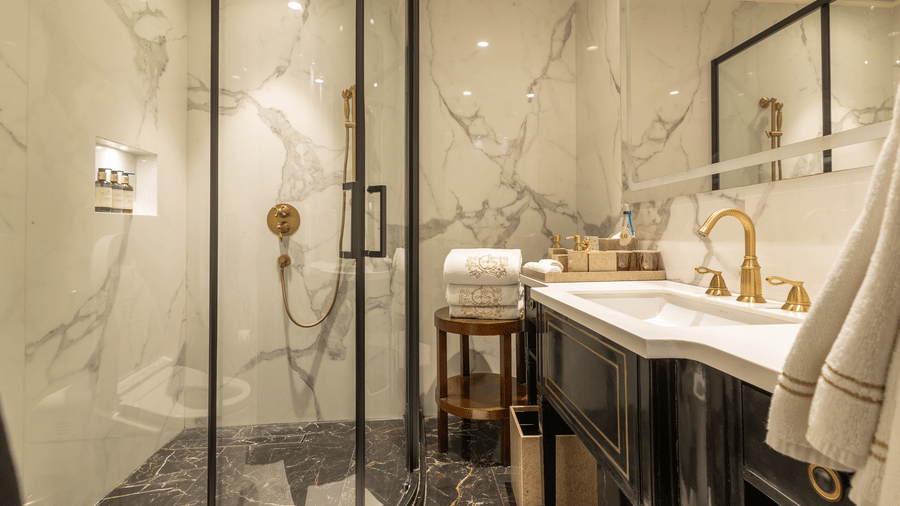 image of the bathroom with elegant decor and cubical shower at the heritage luxury suite - The Claridges New Delhi