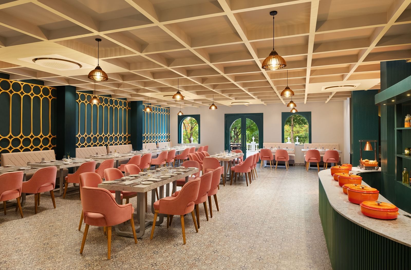 A dining setting of Blue Salt and Coffee at Essentia Luxury Resort & Spa, Udaipur.