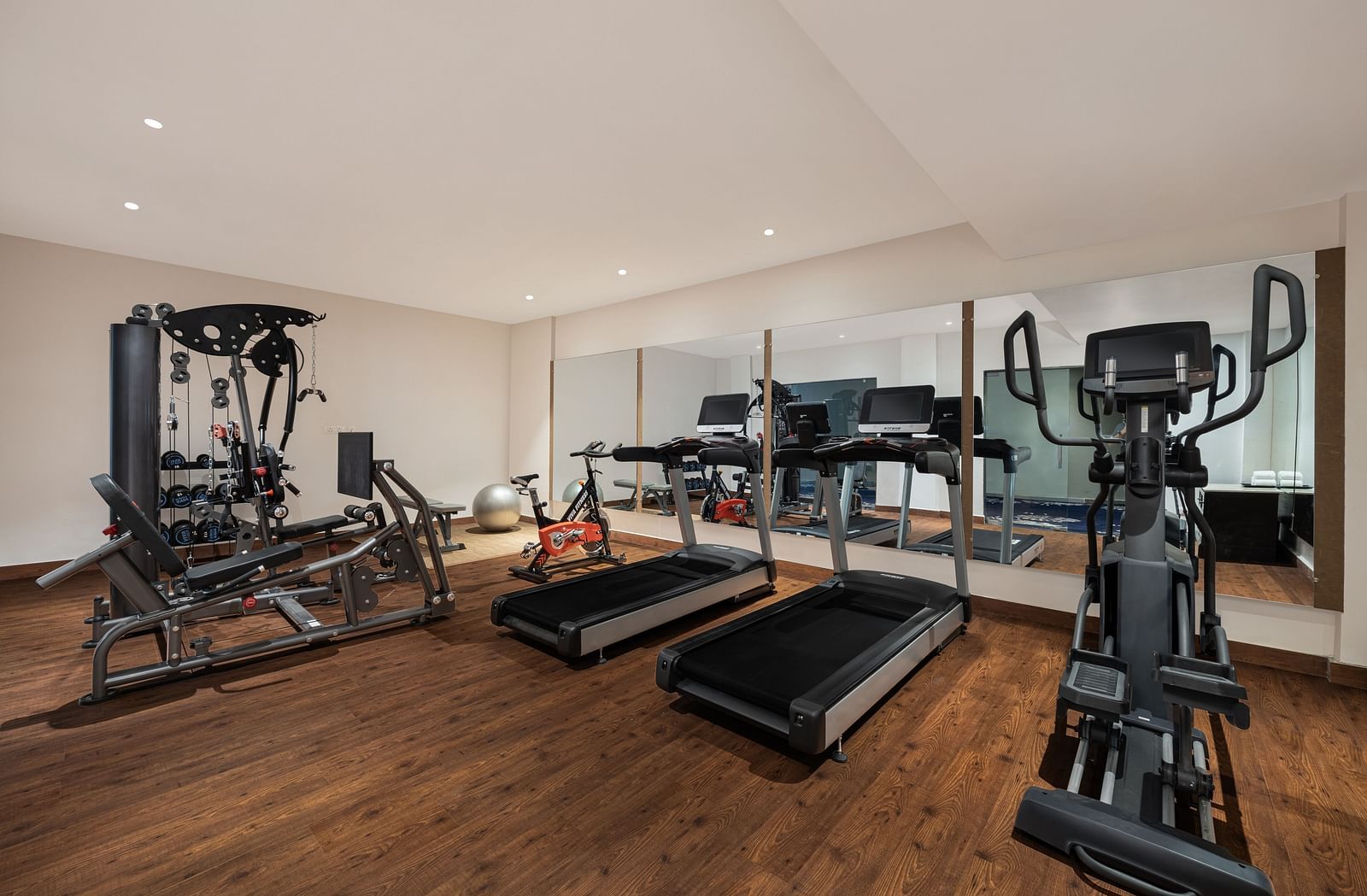 A gym equipped with gym facilities at Essentia Luxury Resort & Spa, Udaipur.