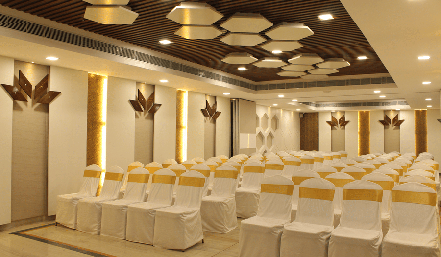 Seating arrangements featuring chairs set up for an event in Chennai at Raj Park Hotel, Chennai