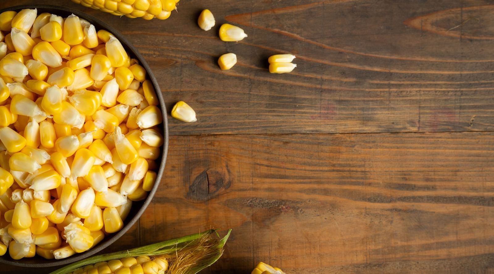 A small bowl of corn kernels with some kernels and cobs scattered around.