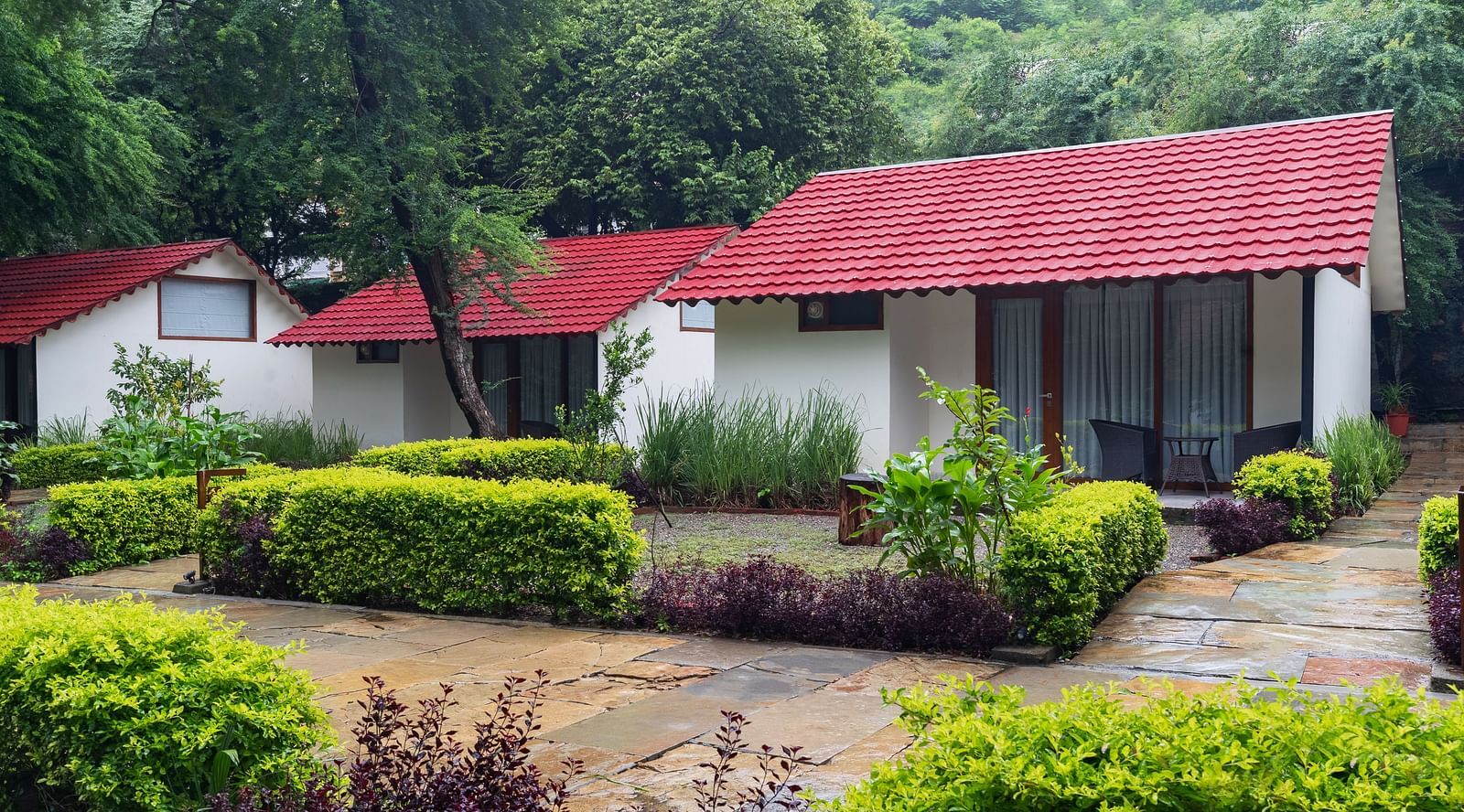 facade image of the Luxury villa with lush green plants around the villas with red terracotta roof at our hotel in udaipur