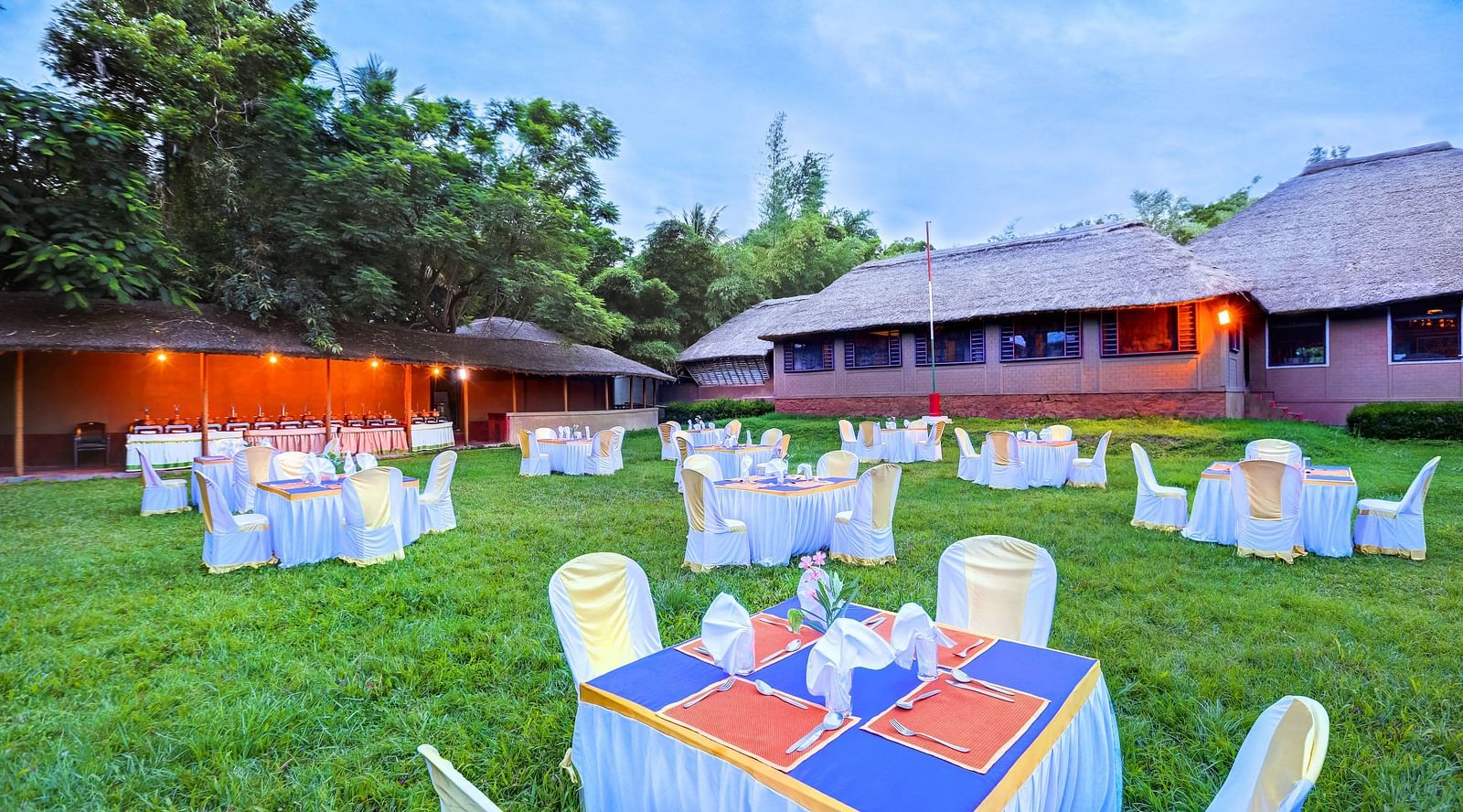exterior of the garden restaurant at hoysala village resort, hassan