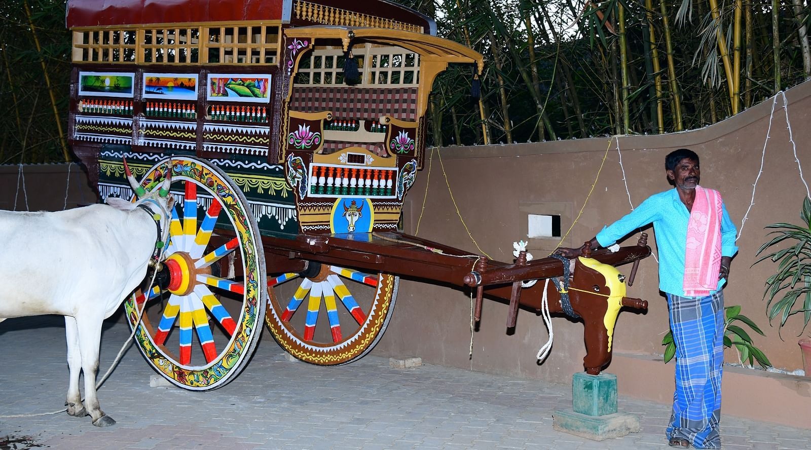 image of the bullock cart with the bull standing near the cart and the cart driver in the frame