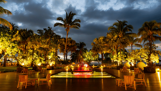 An outdoor patio with tables and chairs is illuminated by lights at night, surrounded by palm trees under a cloudy sky.