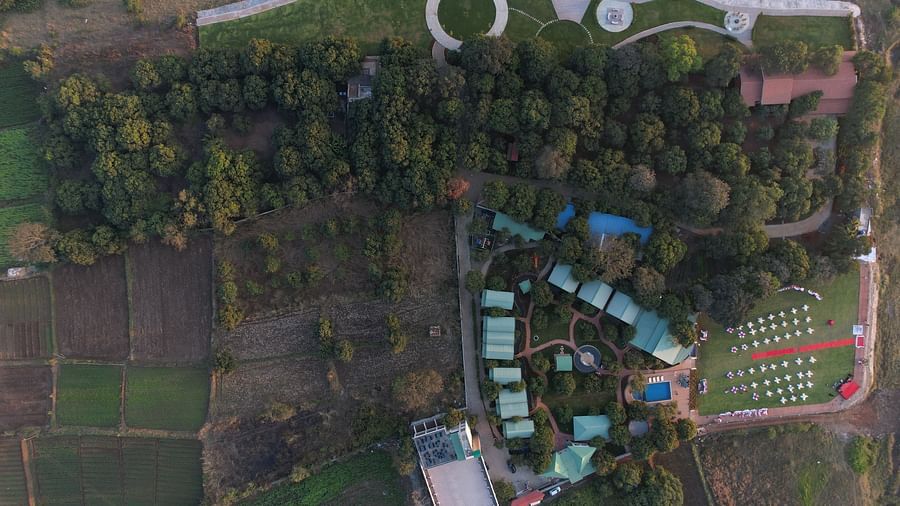 Top view from the top of the facade of Mango Leaf Lake Resort, Pune