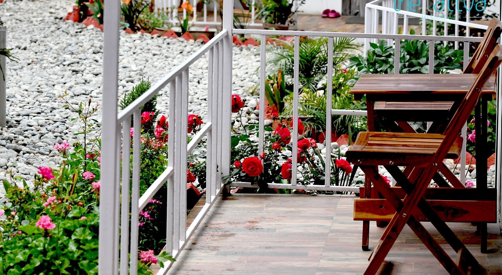 exterior image of the wooden porch at the deluxe room lined with beautiful floral bushes - The Tattva Boutique Resort