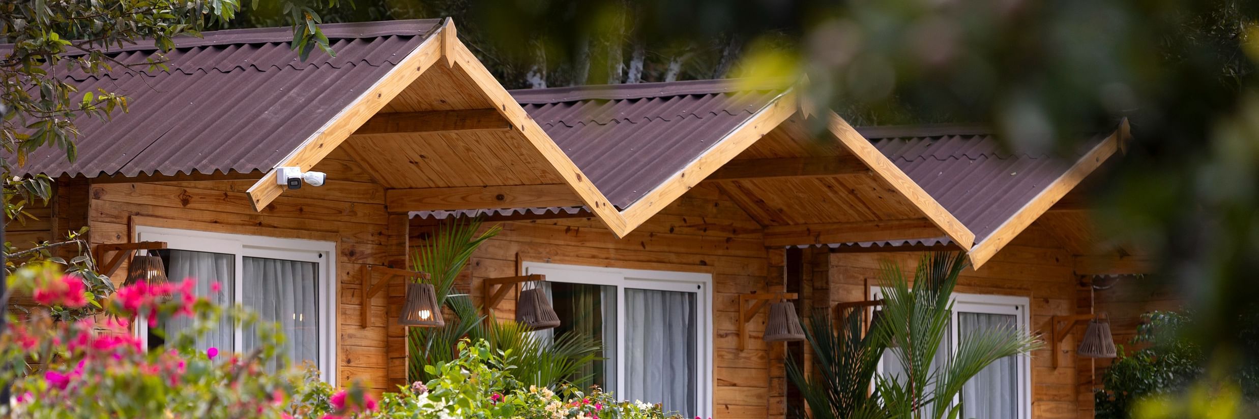 Row of cottages in full view with flowers blooming in front of them - Stone Wood Jungle Resort, Dandeli