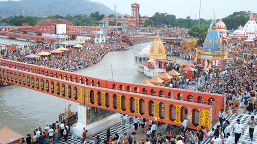 An aerial view of Har Ki Pauri with people bathing near the river