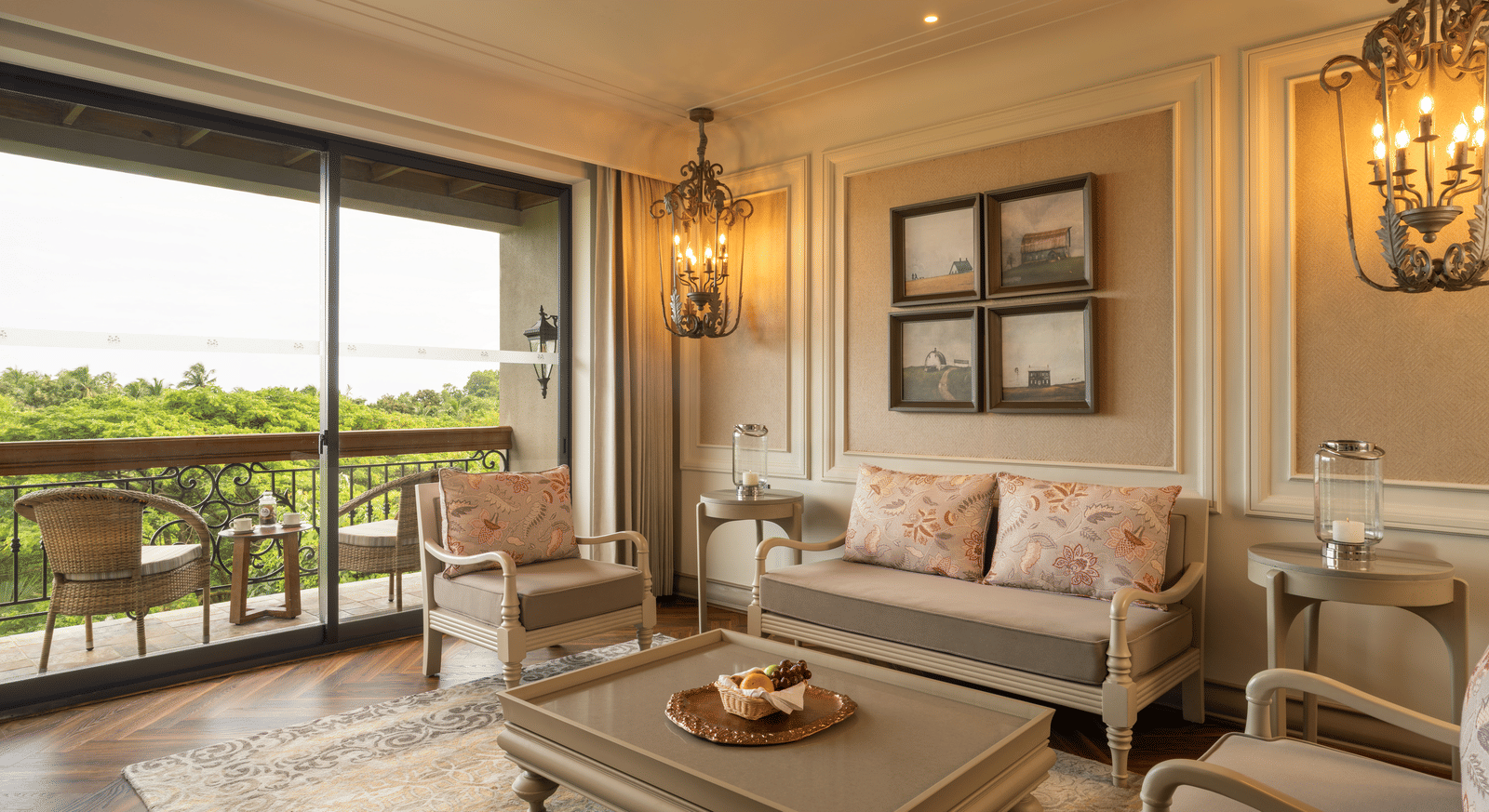 Full view of the living room of the Evren Suite with a balcony beside it at The Evren, Vagator.