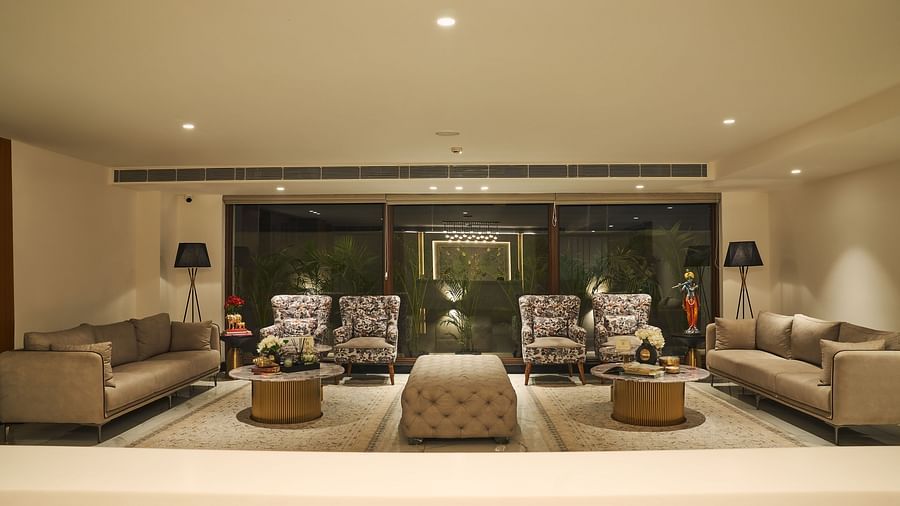 waiting area in the lobby at Triptam Hotel, Vrindavan