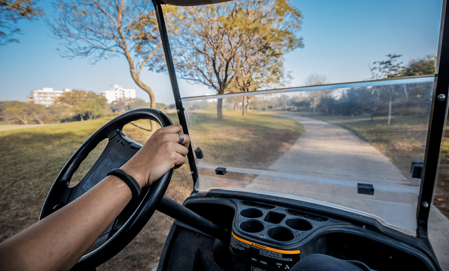 view from inside a golf buggy