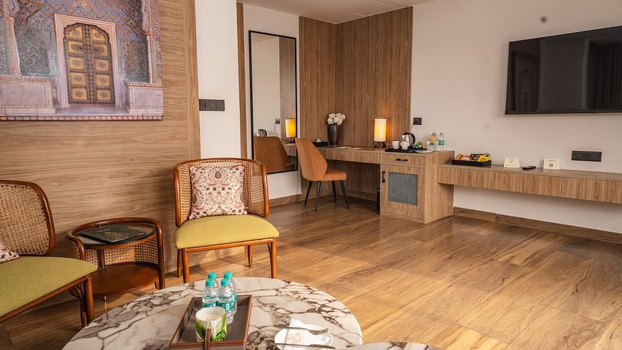 living room of the suite at Triptam Hotel, Vrindavan