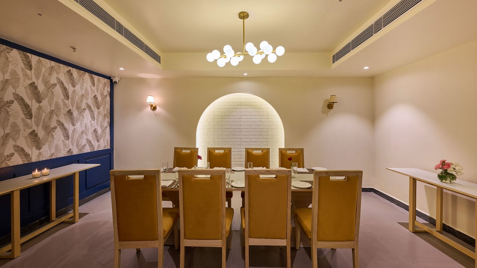table for eight in the private dining room of Flavours all day dining at ABN Sarovar Portico, Jim Corbett