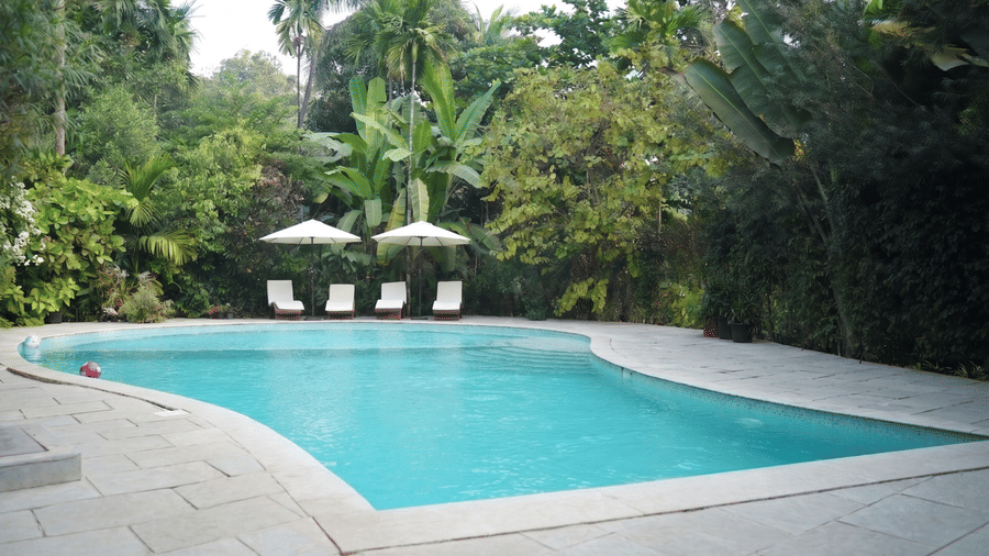 An outdoor swimming pool at Oceanature Resort, Alibaug surrounded by lounge chairs, umbrellas, and dense green trees.