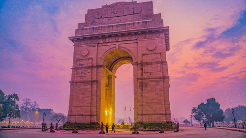 Majestic India Gate at sunrise with vibrant colours