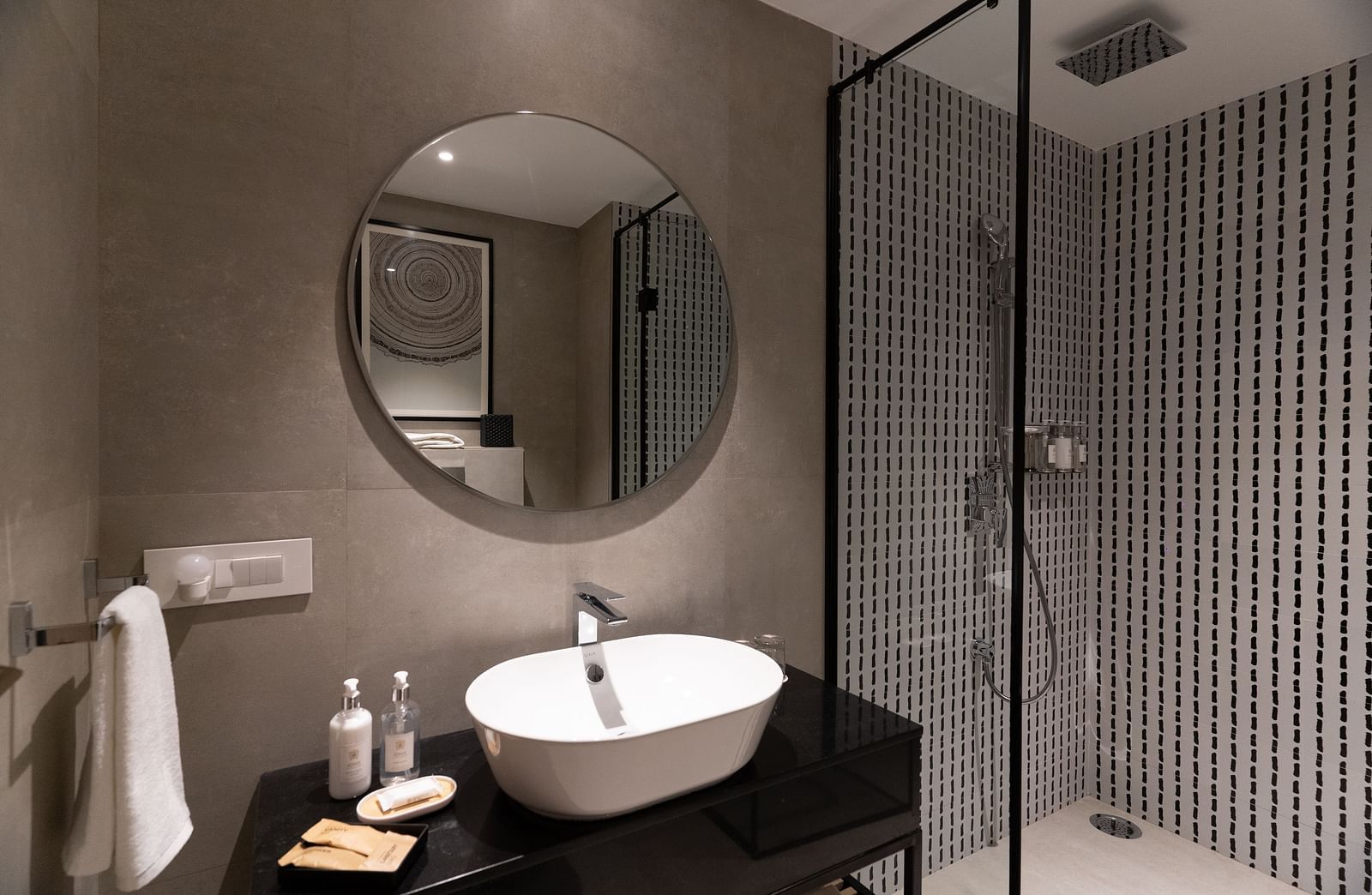 Contemporary bathroom with a round sink and shower at Nivasana Manali.