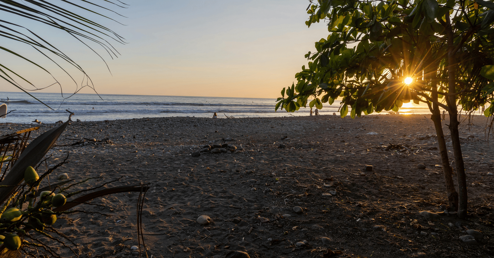 A sunset or sunrise view over a beach with the sun's rays visible through the trees.