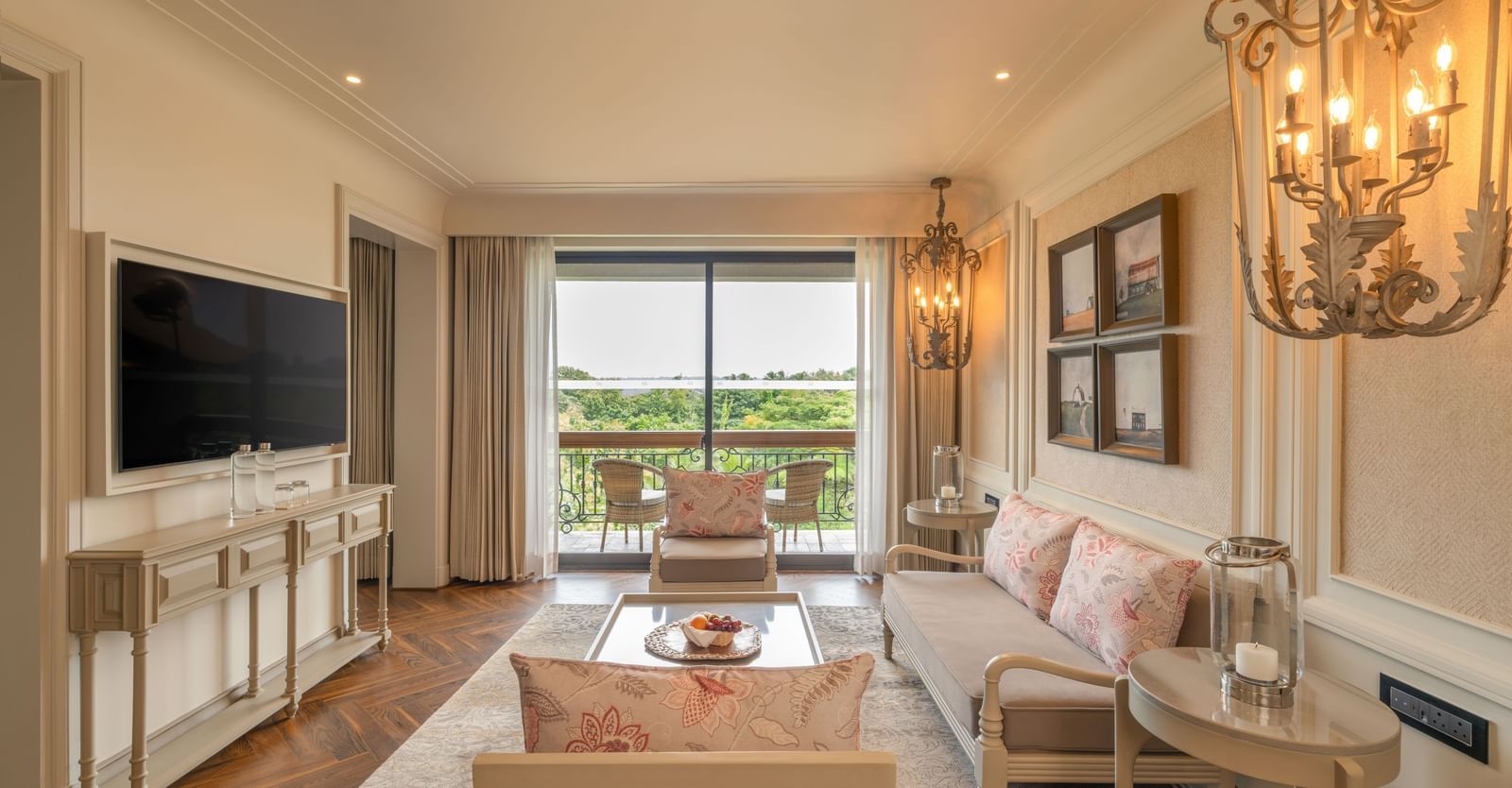 Full view of the living room of the Evren Suite with modern and premium furnishings at The Evren, Vagator.