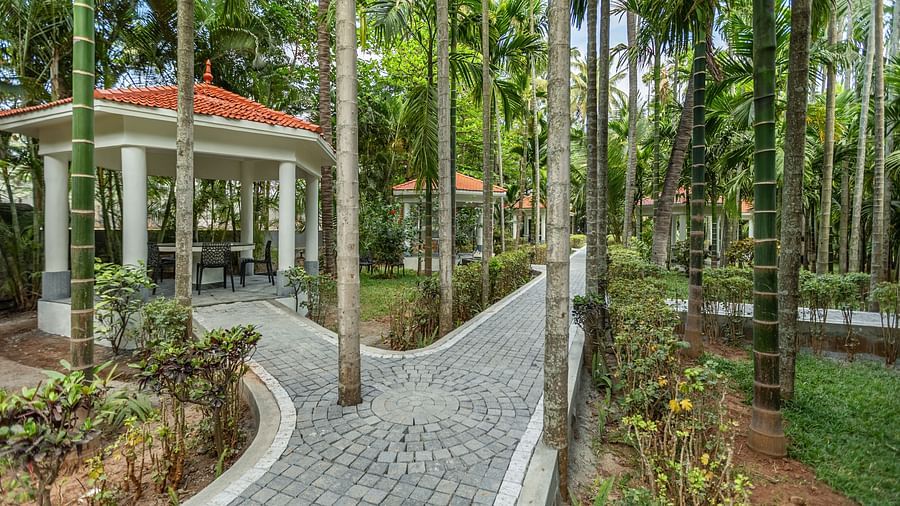 A white gazebo with an orange roof and a paved pathway winding through palm trees and greenery - Mango Hill Resort, Coimbatore