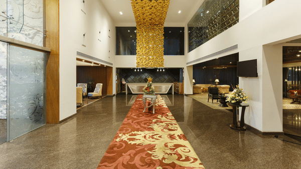 Grand reception lobby at La Marvella luxury hotel Bengaluru
