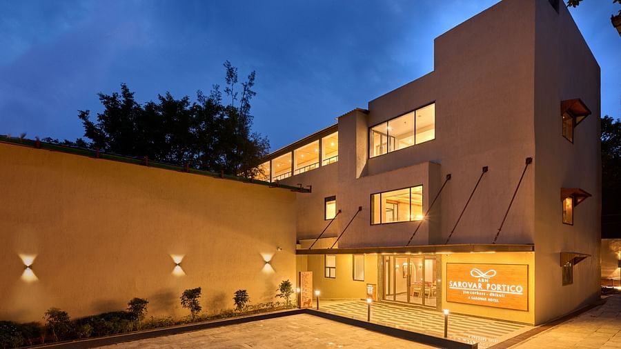exterior facade of ABN Sarovar Portico, Jim Corbett in the evening