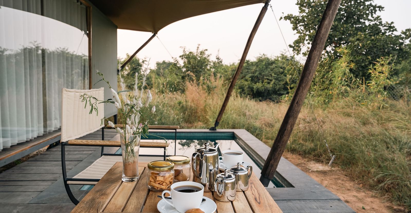 Coffee setup outside tents at Trees N Tigers, Tadoba.