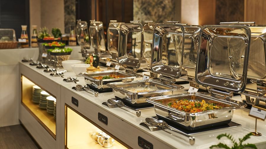 a buffet station at Mishri, the restaurant at Triptam Hotel, Vrindavan