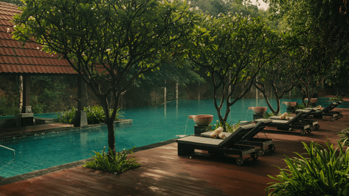 A lagoon-style swimming pool with curved edges surrounded by dense trees, wooden deck loungers, and a low-tiled roof structure partially visible behind the foliage at Ananta, Udaipur.