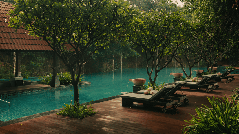 A lagoon-style swimming pool with curved edges surrounded by dense trees, wooden deck loungers, and a low-tiled roof structure partially visible behind the foliage at Ananta, Udaipur.