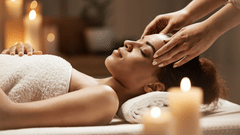 A woman wearing a towel receiving a head massage in a serene setting