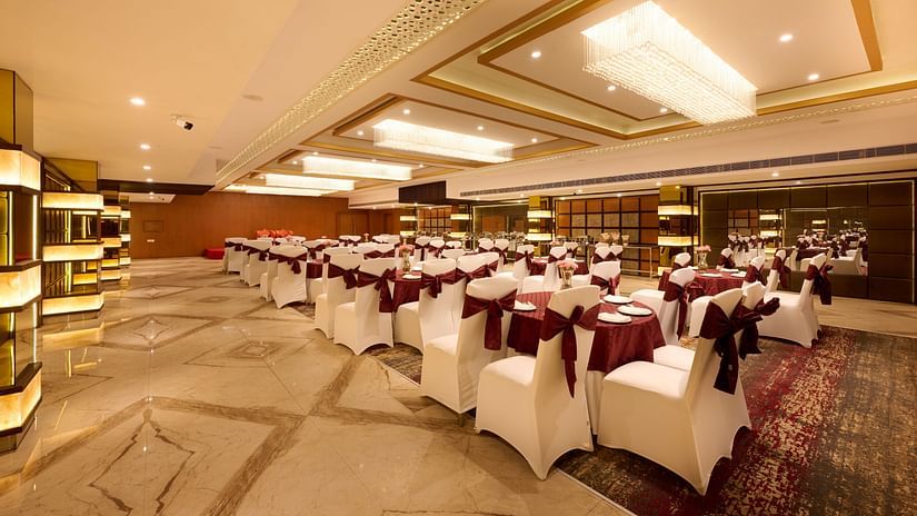 An image of the banquet at our hotel with a classroom seating arrangement