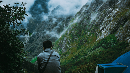 Back shot of a person sitting facing towards the lush green misty mountains.