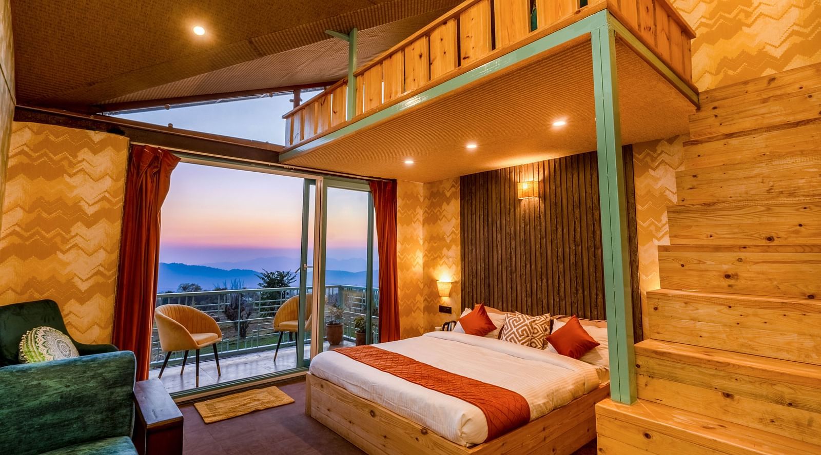 A room with a double bed and attic