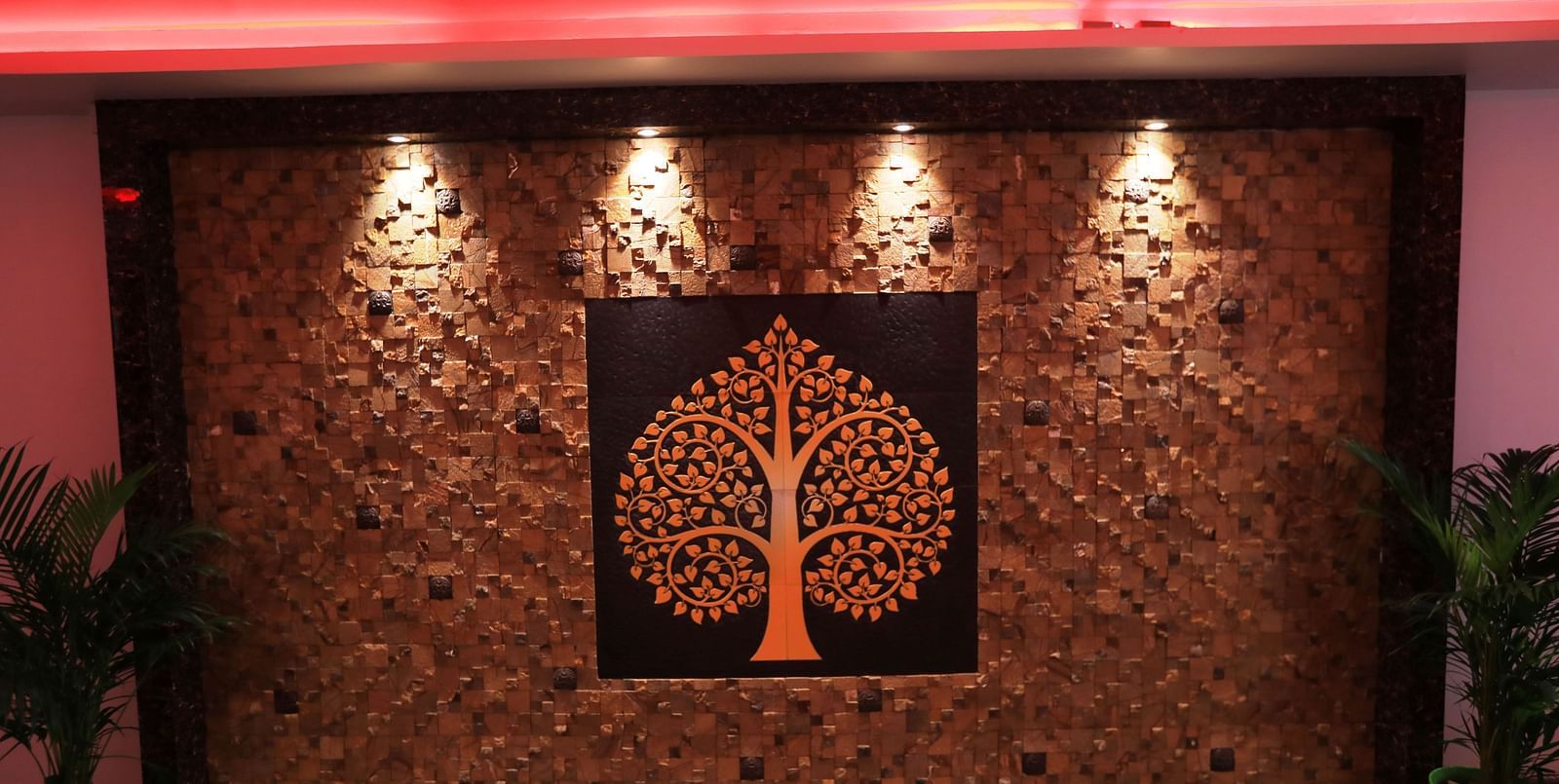 Image of a wall with an engraving and four lights above it at Parampara Residency, Kushalnagar.