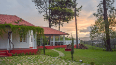 facade of a villa with tall tress and garden next to it 