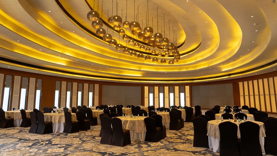 Banquet hall with cluster seating arrangement at Ananta Spa and Resort, Ajabgarh