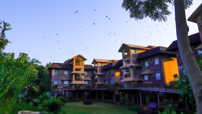 The Facade of The Baagh Ananta Elite, facing the lawn and the sitting areas in it