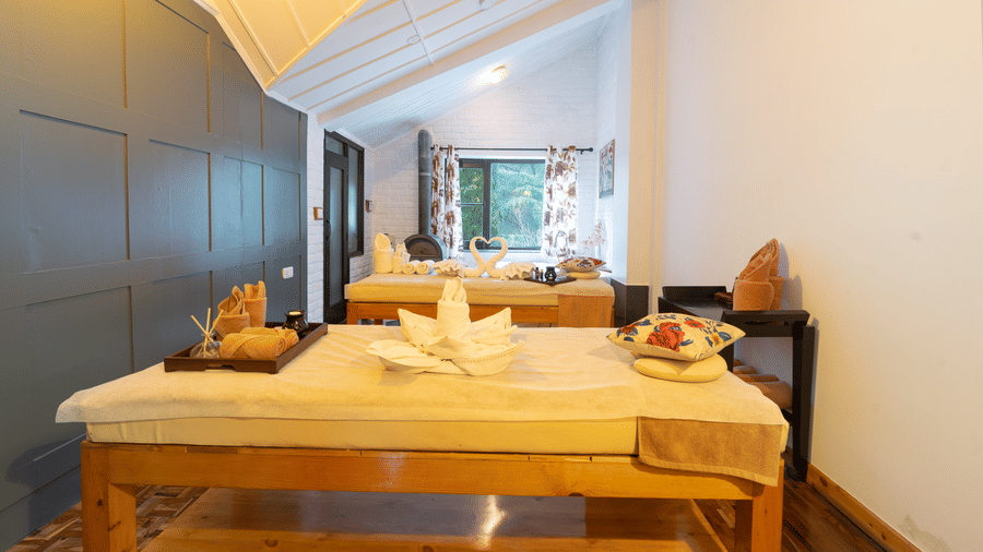 A spacious wellness suite with twin massage beds and dark wood panelling under a vaulted ceiling - Johnson Lodge & Spa, Manali