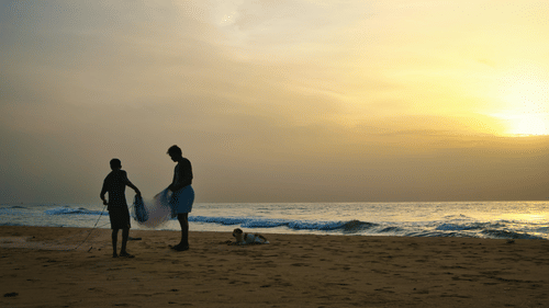 Fishermen holding a fishnet at sunrise at a beach