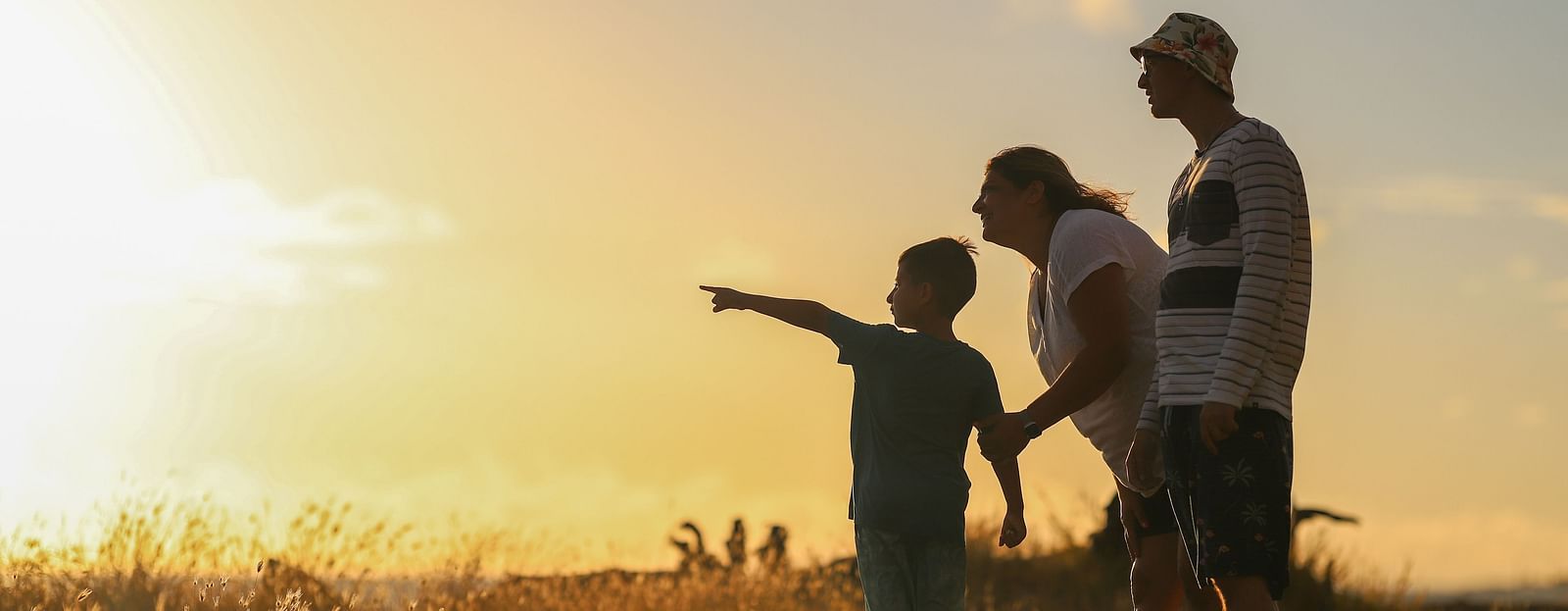 A family enjoying a sunset walk in a field, with the child excitedly pointing towards the horizon.