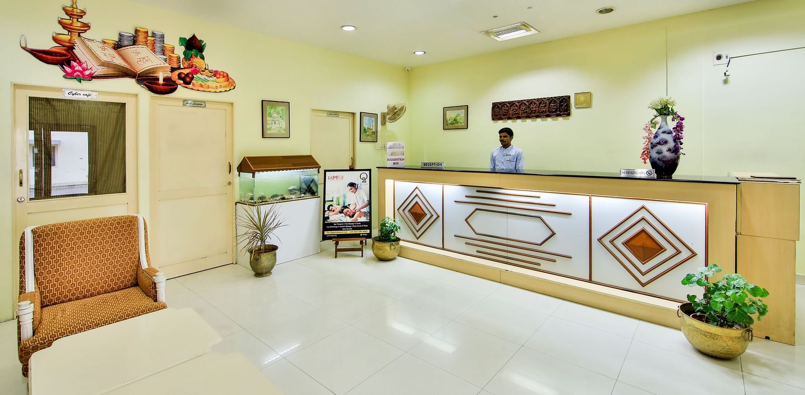 Well-lit lobby area of Hotel Shantiniketan in Hyderabad near Ramoji Film City.
